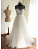 Sheer Neckline Lace Tulle Chiffon Sash Long Prom Dress